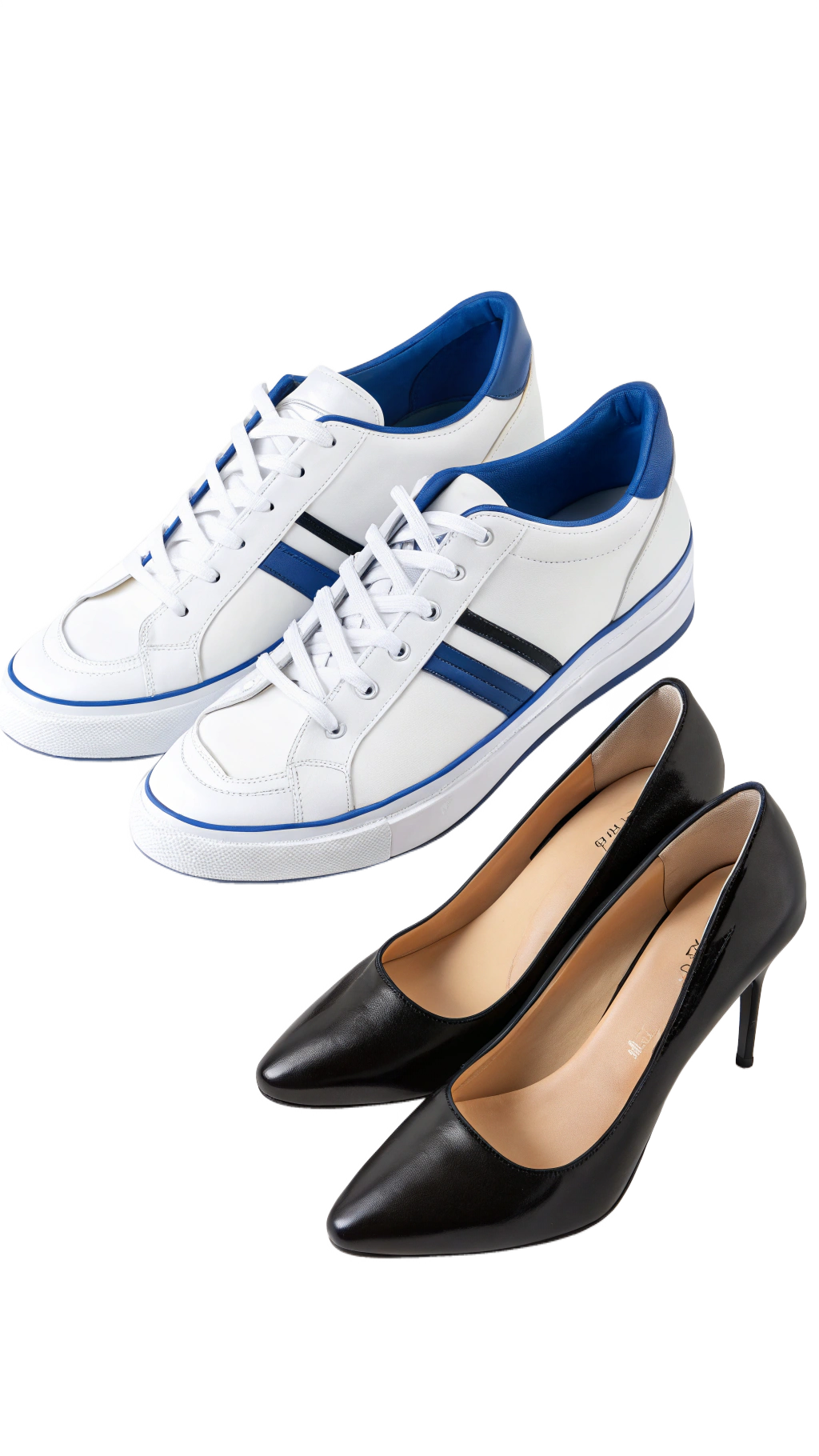 Two pairs of shoes on a white background: white and blue sporty sneakers with laces, and black high-heeled pumps with a glossy finish.